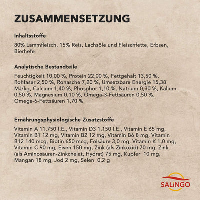 SALiNGO High Sensitive Hundefutter trocken, Trockenfutter Lamm und Reis, zuckerfrei, Single Protein,