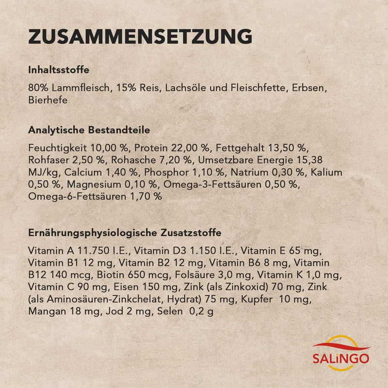 SALiNGO High Sensitive Hundefutter trocken, Trockenfutter Lamm und Reis, zuckerfrei, Single Protein,