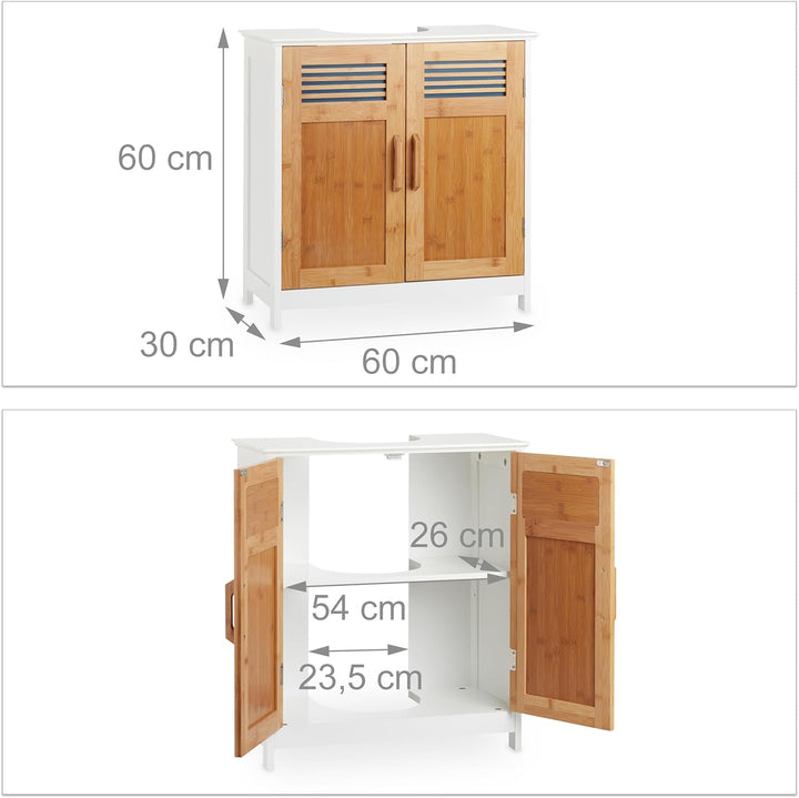 Relaxdays Waschbeckenunterschrank, Bambustüren, höhenverstellbarer Boden, Siphon-Aussparung, HBT: 60