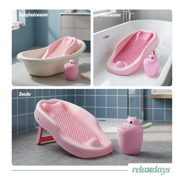 Relaxdays Baby-Badehilfe Set, mit Haarwaschbecher, tränenfrei, Badestütze rutschfest, HBT: 19x51,5x3