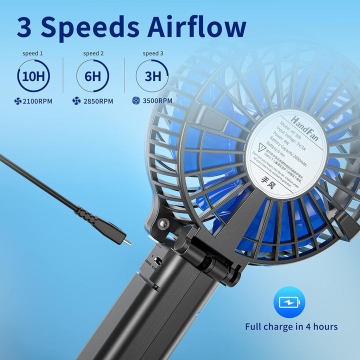 HandFan Mini Ventilator USB Tragbar Batterie Handventilator 3 Geschwindigkeits 180° Klappt Tisch Ven