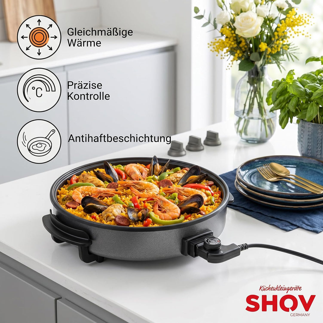 Shov Elektrische Pizzapfanne & Multibräter XL – 48cm Durchmesser, 7cm Tiefe | Partypfanne mit Antiha