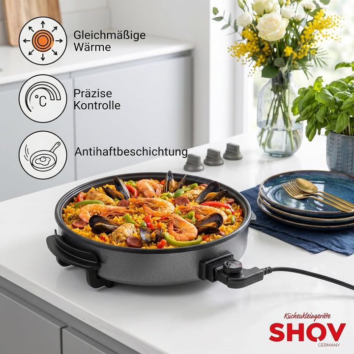 Shov Elektrische Pizzapfanne & Multibräter XL – 48cm Durchmesser, 7cm Tiefe | Partypfanne mit Antiha