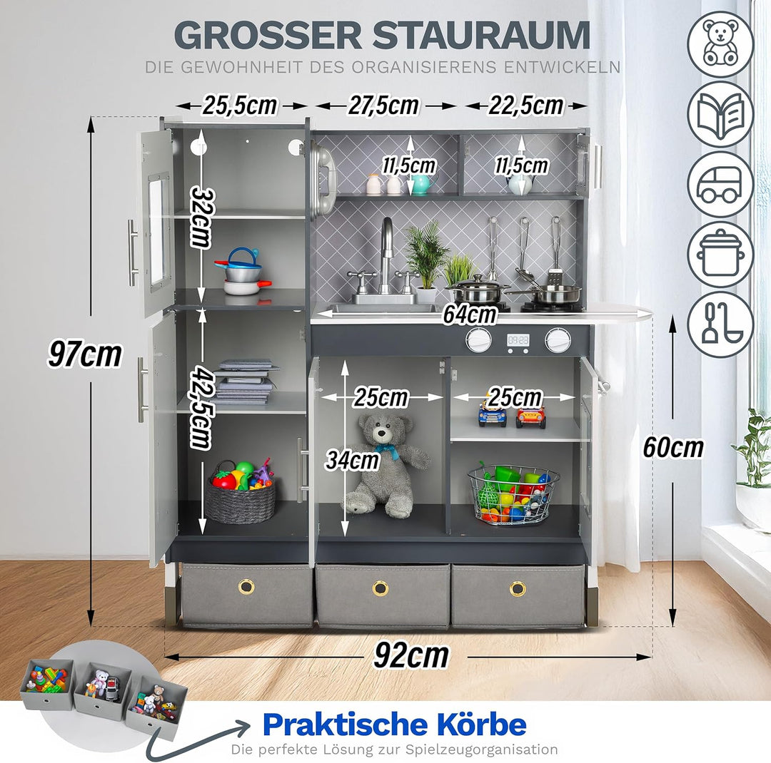 Green series Grosse Spielküche Holz - Graue Kinderküche Holz, Kinder küche mit Licht und Sound, Spie