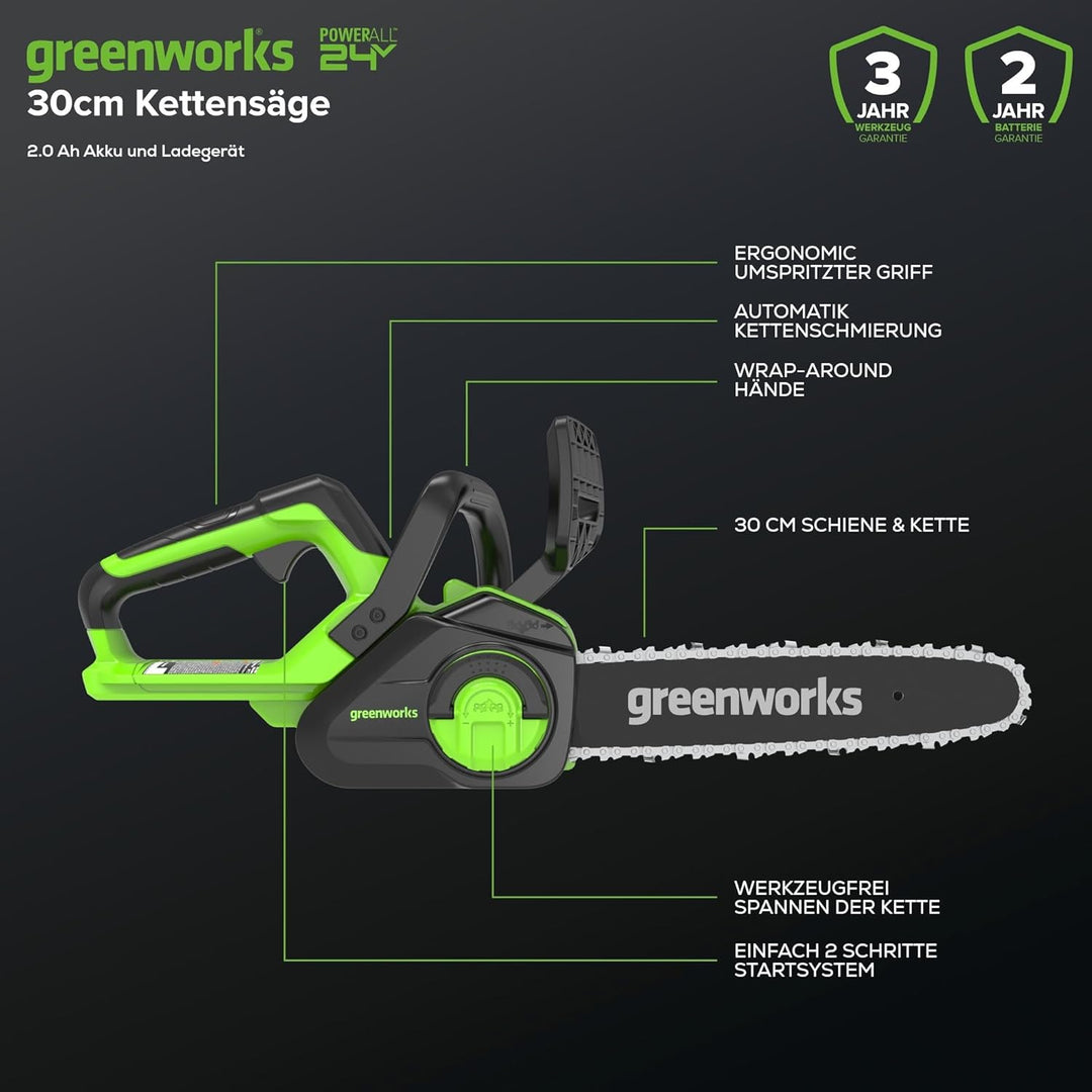 Greenworks Akku Kettensäge mit Akku und Ladegerät, 12 Zoll (30 cm) Blattlänge, 4,2 m/s Kettengeschwi