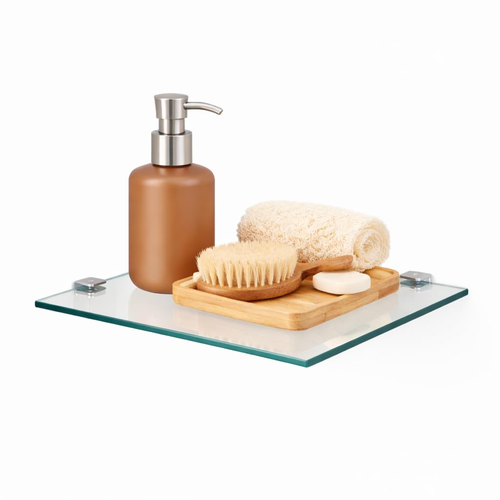 Euro Tische Glas Eckregal 25 x 25 cm, Wandregal für Badezimmer, Duschregal Bad, Glas Badregal mit 6m
