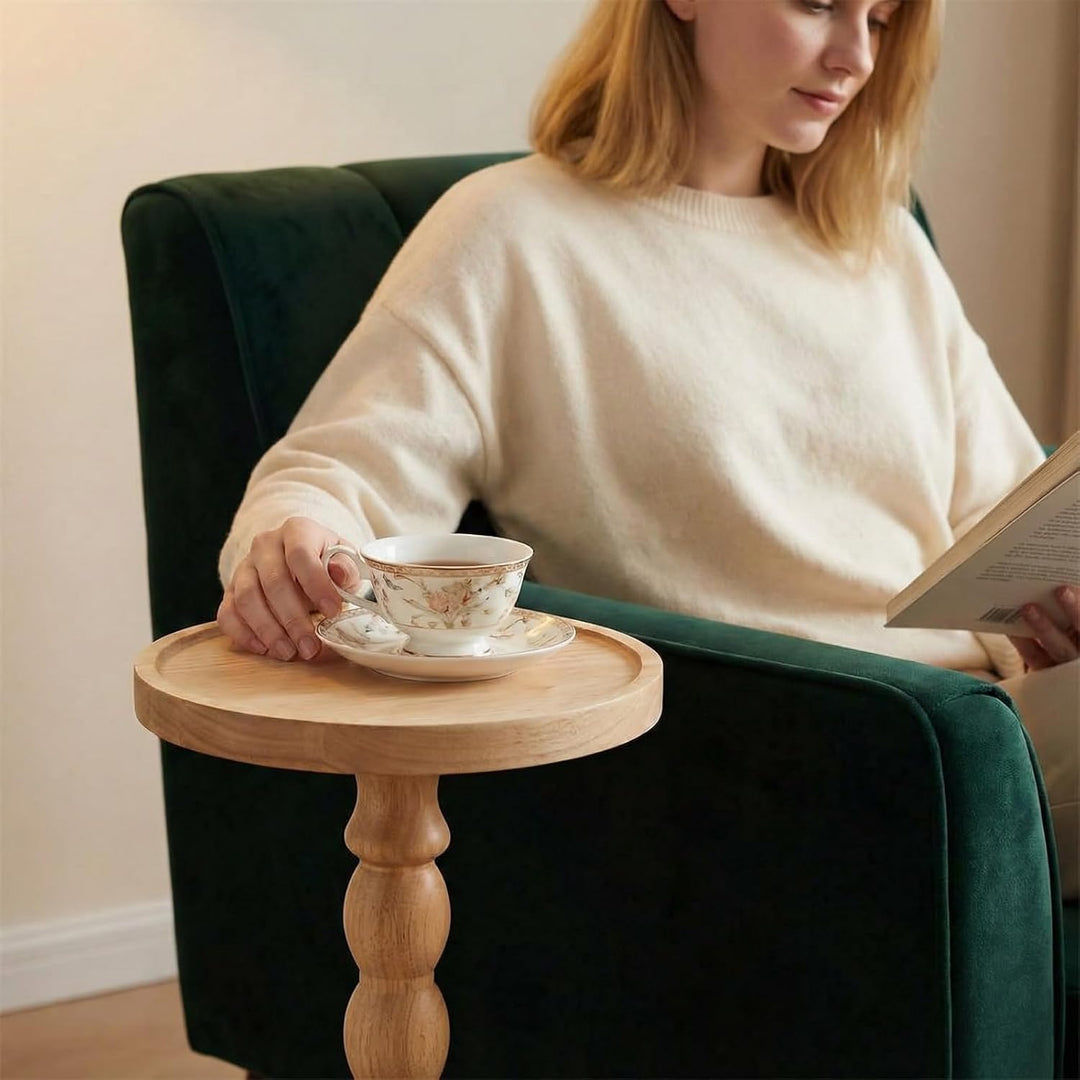 Runder Beistelltisch Couchtisch aus Massivholz, Kleiner Getränketisch mit Stabiler Sockel, Moderner
