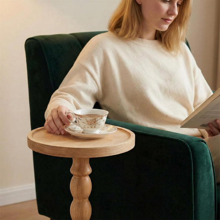 Runder Beistelltisch Couchtisch aus Massivholz, Kleiner Getränketisch mit Stabiler Sockel, Moderner