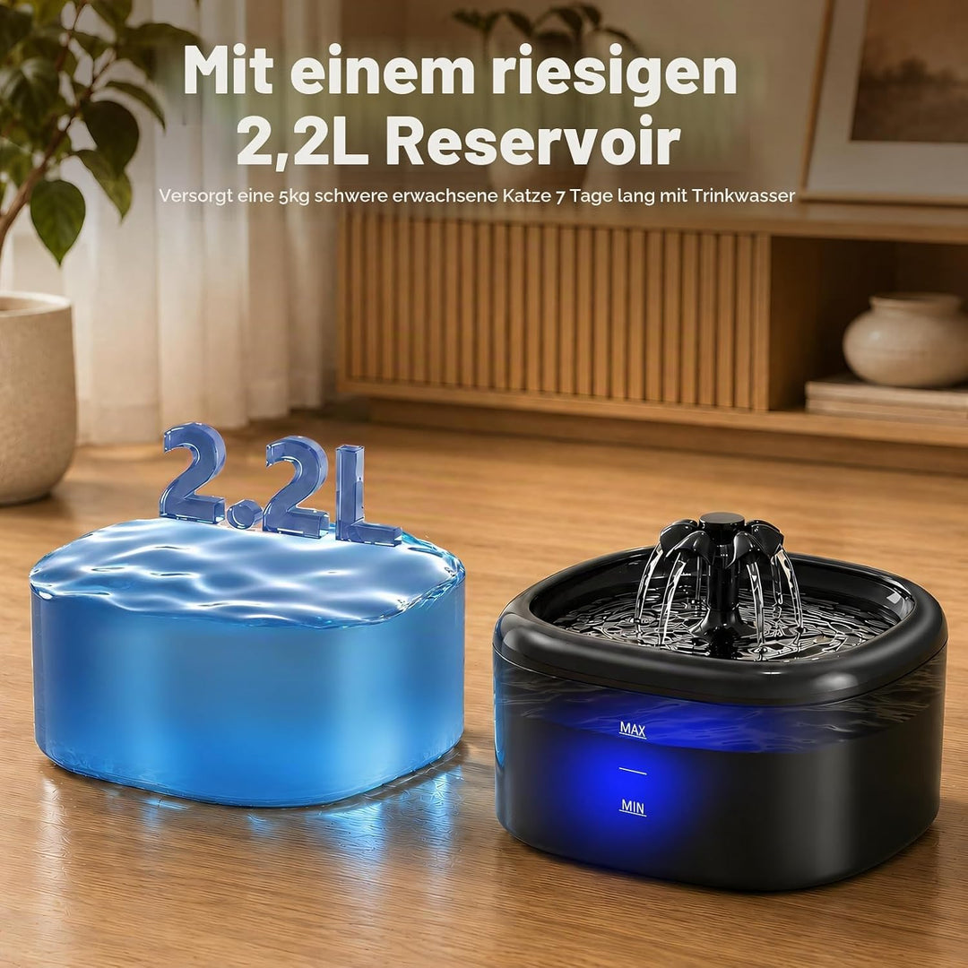 Katzenbrunnen Trinkbrunnen für Katzen und Hunde, 2.2L Automatischer Haustier Wasserbrunnen mit LED-W