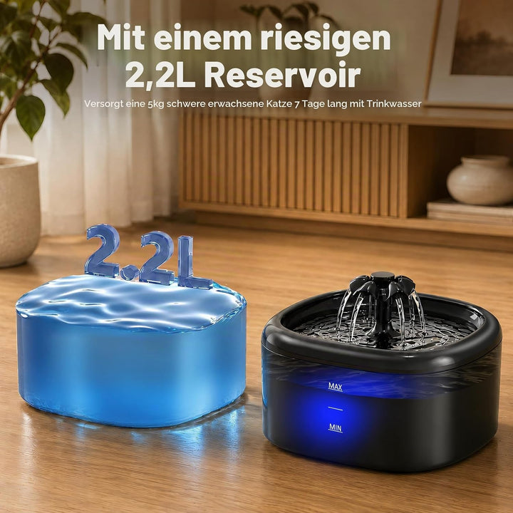 Katzenbrunnen Trinkbrunnen für Katzen und Hunde, 2.2L Automatischer Haustier Wasserbrunnen mit LED-W