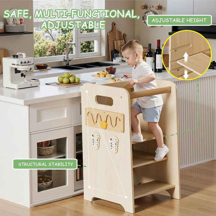 Montessori Lernturm ab 1 Jahr 4-in-1 Trittleiter Holz mit Tafel & Schiebeleiter 4-Fach Höhenverstell