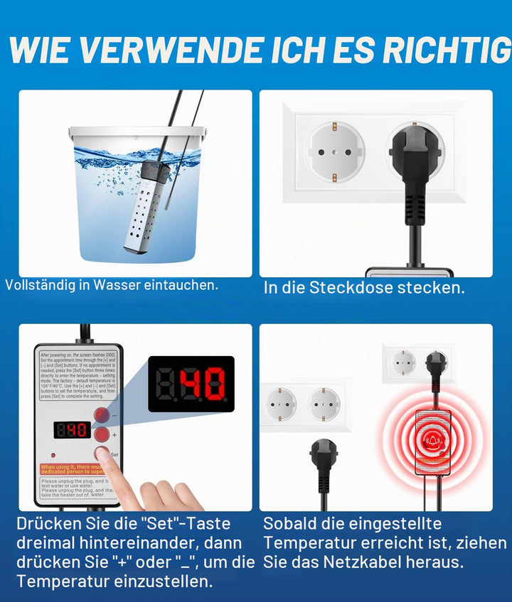 WADEO Tauchsieder Wasserkocher mit Wärmeisolierter Griff, Elektrischer Tauchwasserbereiter Wassererh