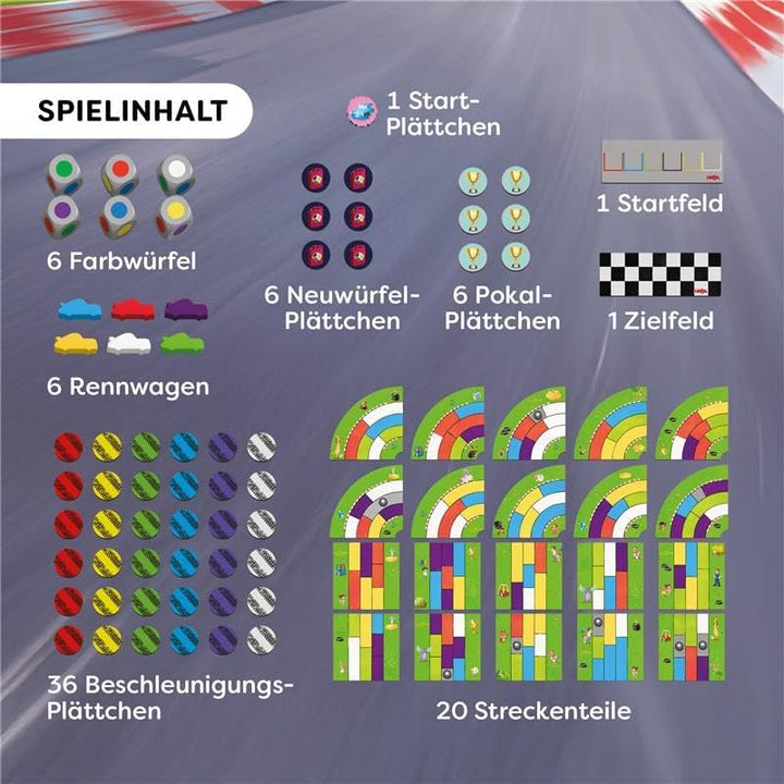 HABA Monza – Rasantes Brettspiel & Auto-Rennspiel für Kinder ab 5 Jahren – Mit 6 bunten Holzautos &
