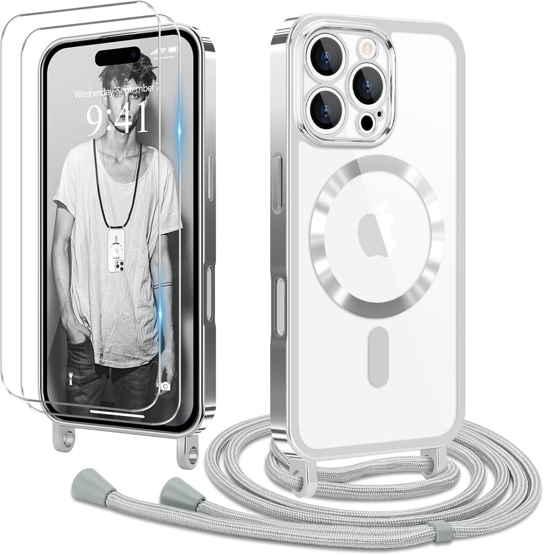 Ethanger Handykette für iPhone 16 Pro Max Hülle mit Band + 2 Stück Glas Schutzfolie Transparent Sili
