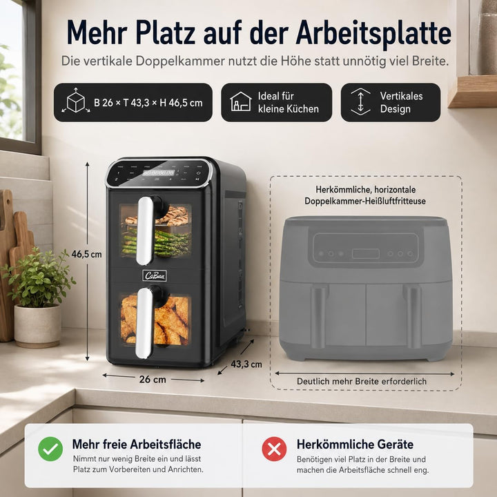Heissluftfritteuse 2 Kammern übereinander 11L, platzsparende vertikale Doppelkammer, 2×5,5L Airfryer