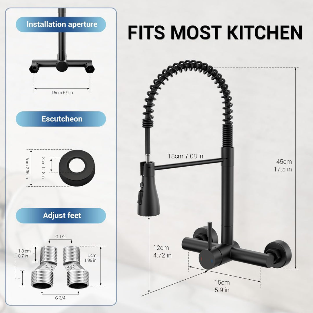 APPASO Wasserhahn Wandmontage (15cm Lochabstand) | Schwarz Matt armatur küche 3 Strahlarten & 360° d