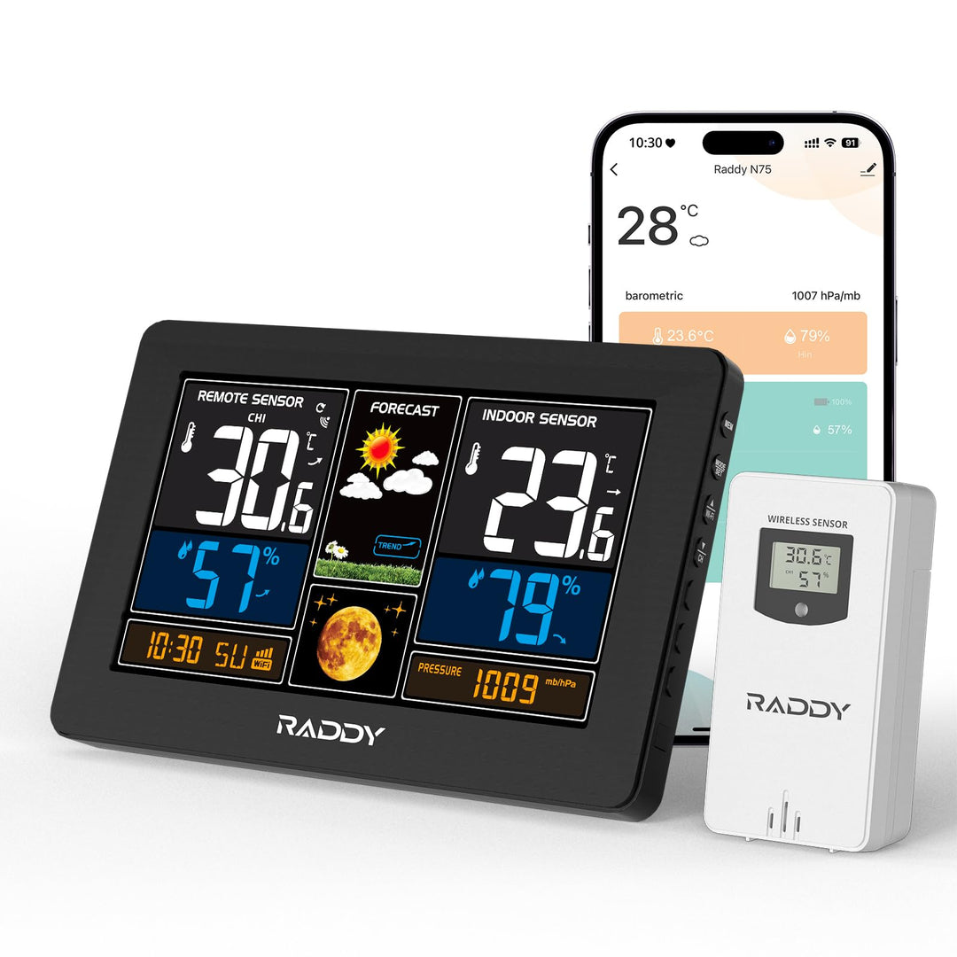 Raddy N75 Wi-Fi Wetterstation mit Aussensensor, 7,5" Funk-Wetterstation, Innen und Aussen Wettervorh