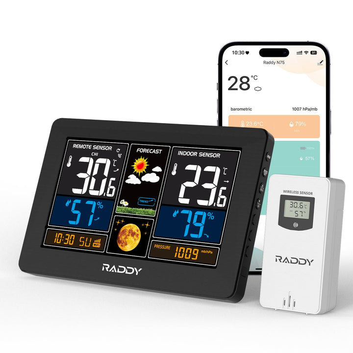 Raddy N75 Wi-Fi Wetterstation mit Aussensensor, 7,5" Funk-Wetterstation, Innen und Aussen Wettervorh