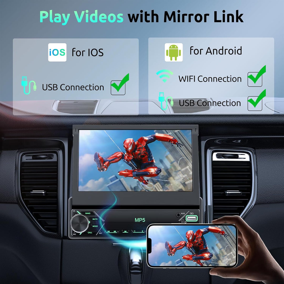 Autoradio 1 Din mit Drahtlos Carplay Android Auto, 7 Zoll IPS HD Manueller Flip Touchscreen Autoradi