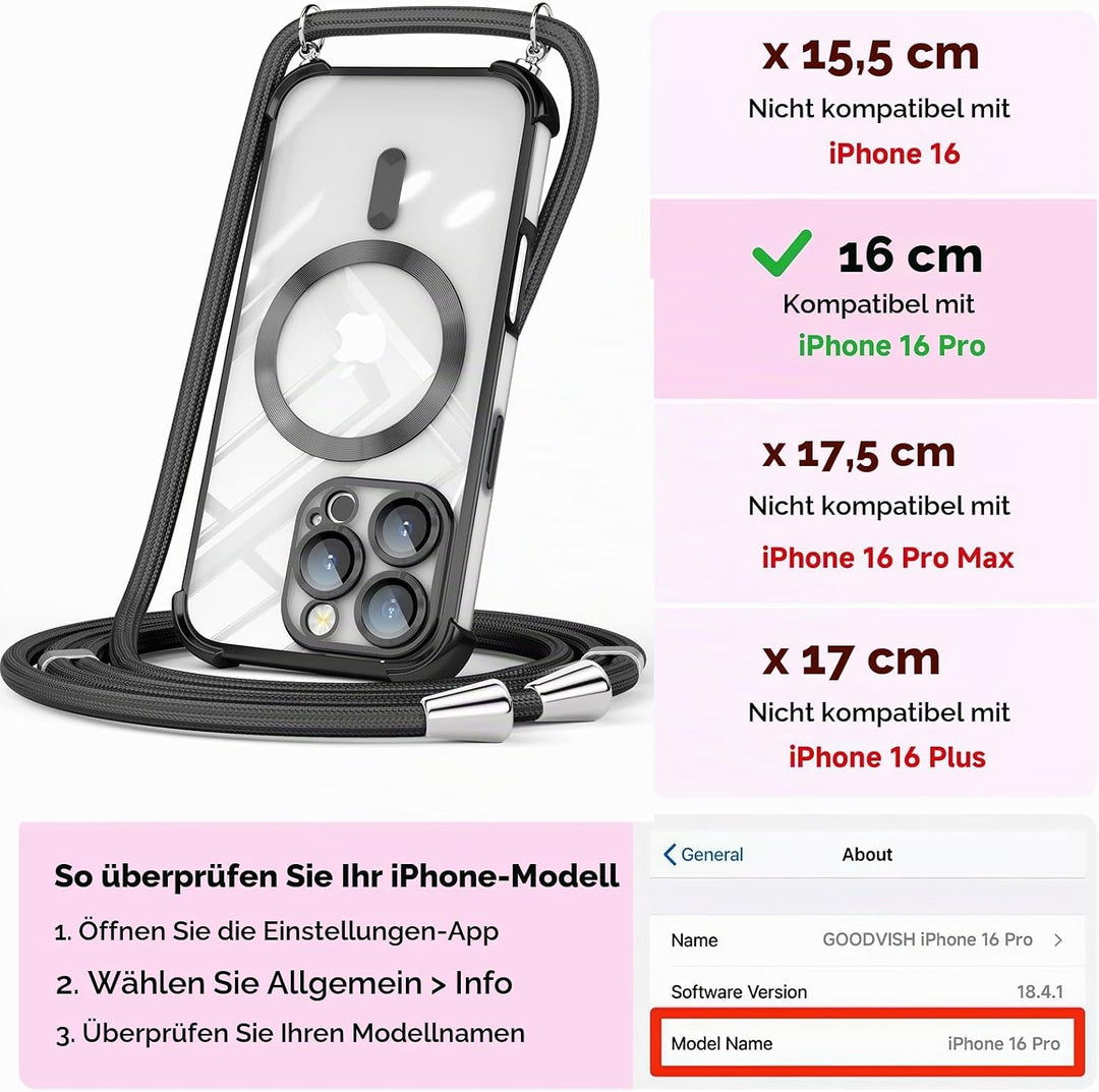 GOODVISH Handykette für iPhone 16 Pro Hülle mit Band, mit 2 Stück Schutzfolie, Necklace Handyhülle m