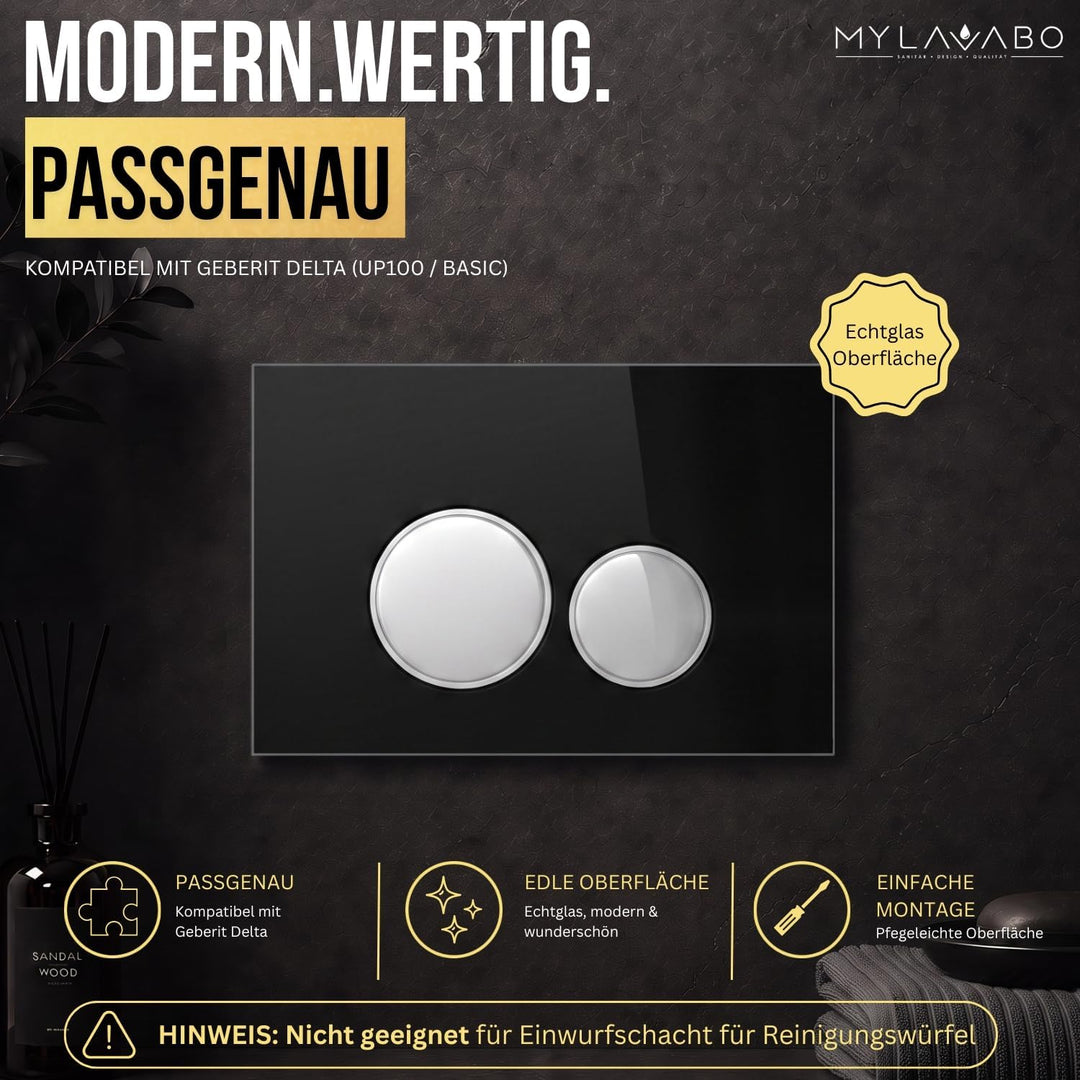 Drücker- & Betätigungsplatte passend für Geberit Delta (Glas, schwarz, chrom Ringe+Tasten) | sw-glas