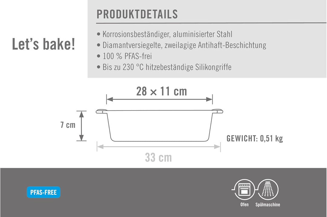 Woll Bakeware Kastenform 28 cm, mit hitzebeständigen Silikongriffen bis 230°C, PFAS-frei, zweilagige