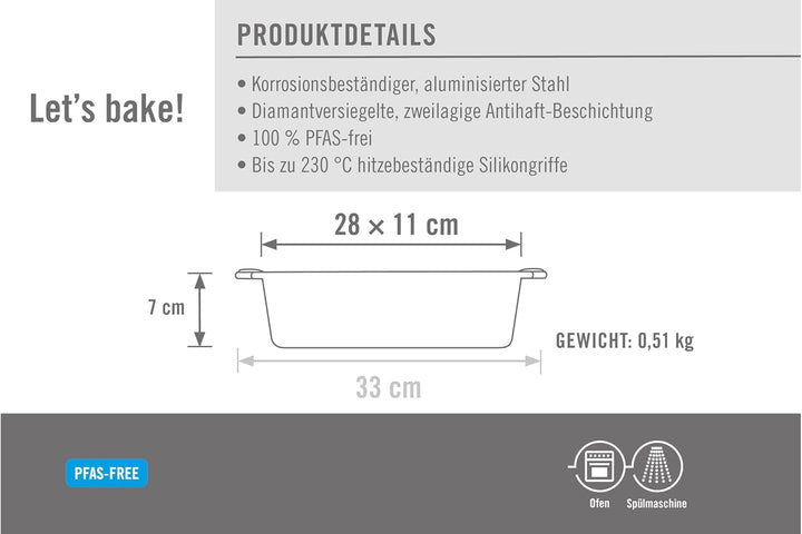 Woll Bakeware Kastenform 28 cm, mit hitzebeständigen Silikongriffen bis 230°C, PFAS-frei, zweilagige