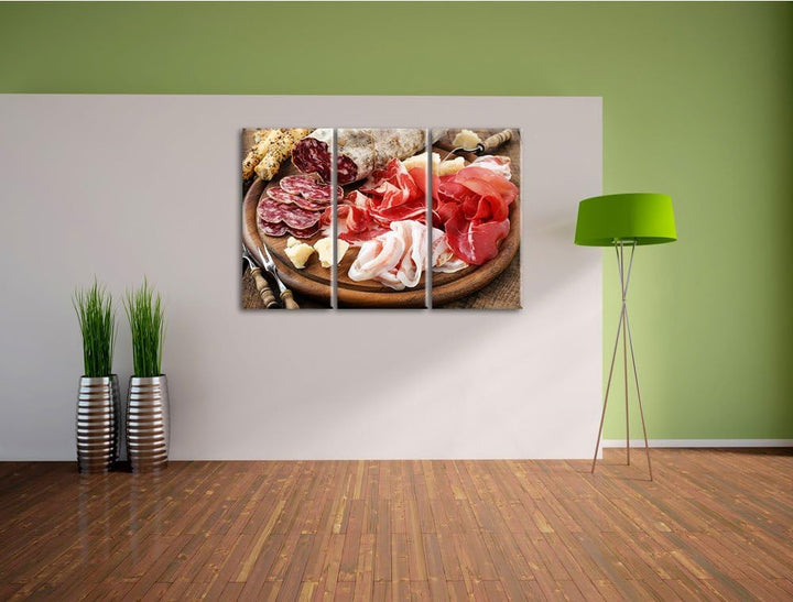 Brotzeit mit Wurst als 3-Teiler Leinwandbild 120x80 Bild auf Leinwand, XXL riesige Bilder fertig ger