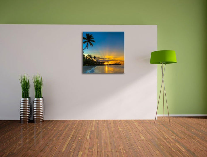 Pixxprint Palmen am Strand, Format: 70x70 als Leinwandbild, tolle Bilder fertig auf Holzrahmen gespa