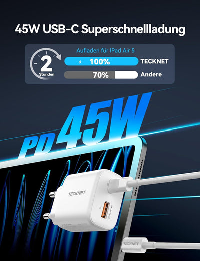 TECKNET 45W USB C ladegerät, 2-Port (1 USB C+1 USB) GAN Ⅲ Netzteil mit einen USB C auf USB C Ladekab
