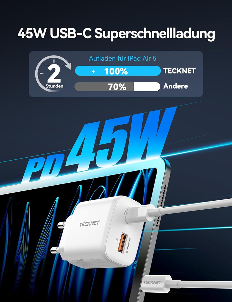 TECKNET 45W USB C ladegerät, 2-Port (1 USB C+1 USB) GAN Ⅲ Netzteil mit einen USB C auf USB C Ladekab