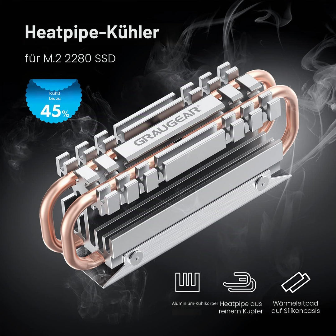 GRAUGEAR M.2 2280 NVMe SATA SSD Kühlkörper, Direct Touch Heatpipe, Dual-Kupfer-Heizrohre, Aluminiuml