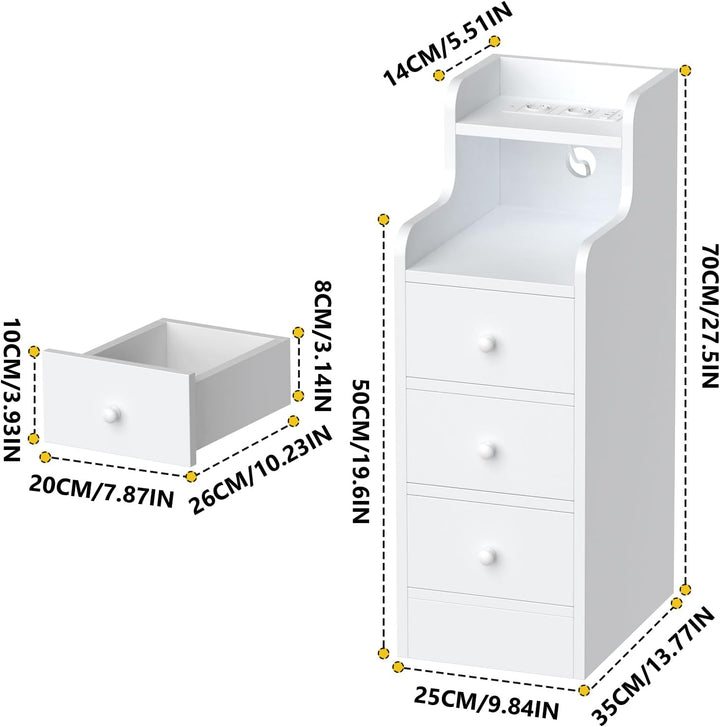 PIPIPOXER Nachttisch 2er Set mit Steckdose & USB, Schmaler Nachttisch, Nachtschrank Weiss Hochglanz