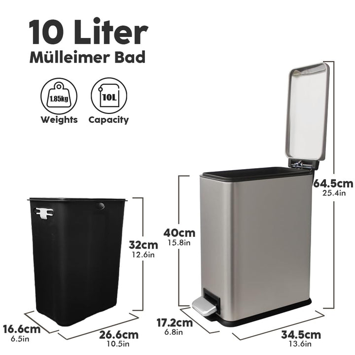 Mülleimer mit Deckel,10L Mülleimer Bad,Klein Abfalleimer Bad,10 Liter Tretmülleimer Edelstahl für Ba