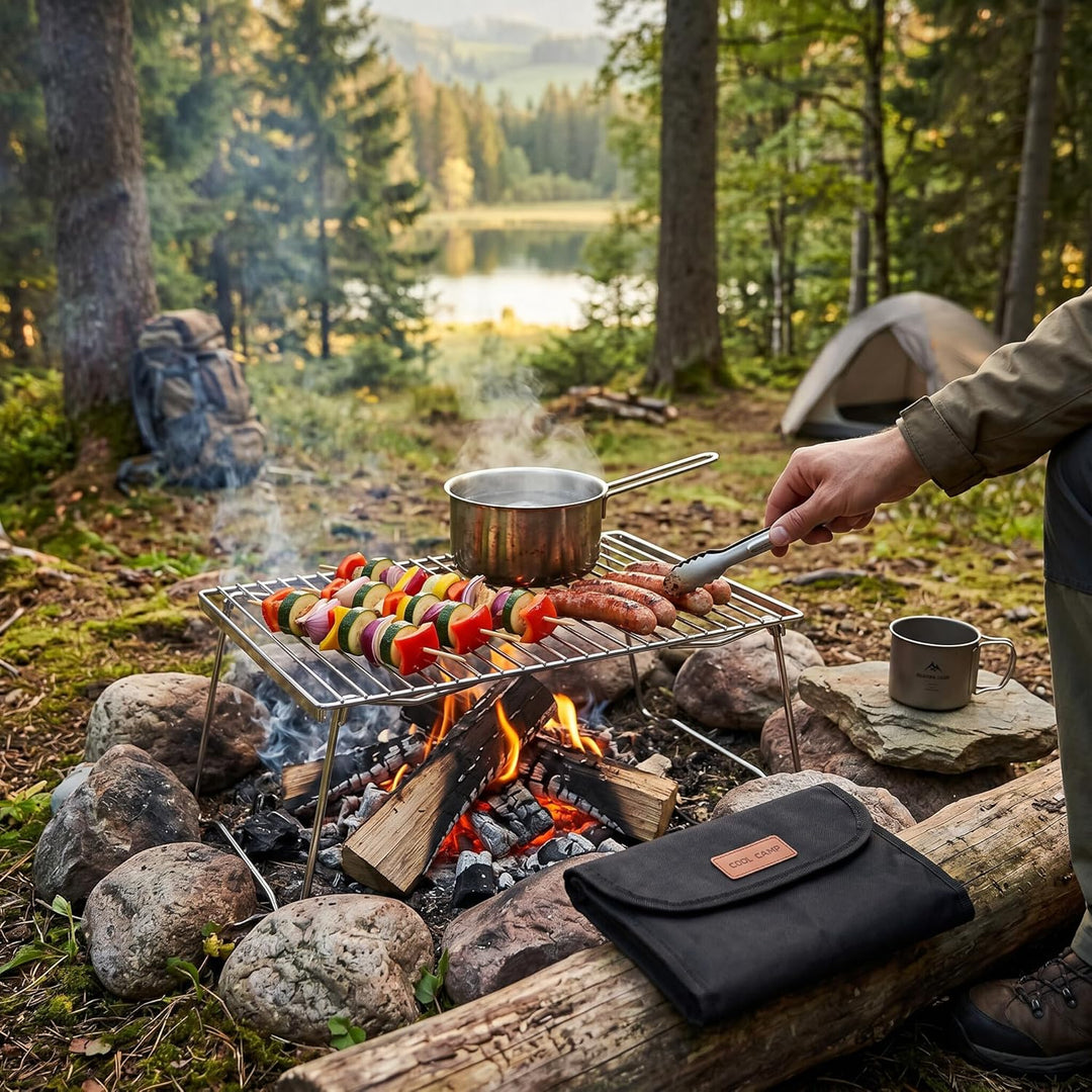Klappbarer Lagerfeuergrill für BBQ, Picknick, Camping, Tragbarer Campinggrill, Edelstahl-Grill, Holz