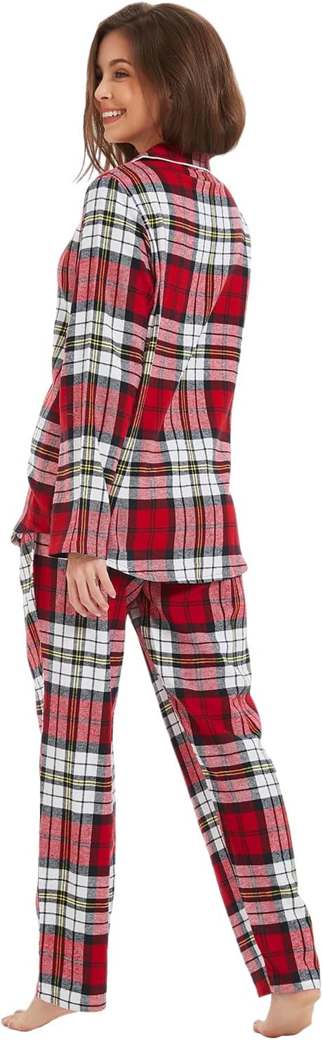 Mnemo Home Damen Schlafanzug Lang Flanell Pyjama Damen 100% Baumwolle aus Flanell Rot-weiss und Schw