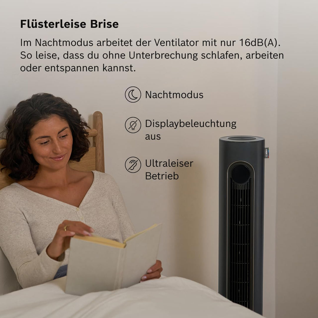 Bosch Tower Fan 6000, Leiser Turmventilator, Midnight Grey | Mit Fernbedienung, 12 Geschwindigkeitss
