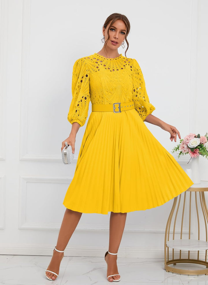 Spitzenkleid, plissiert, Puffärmel, wadenlang, kurze Ärmel, Midi-Kleid, hohles Party-Abendkleid XL G