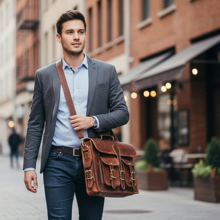 Leder-Umhängetasche für Herren, Vintage-Laptoptasche mit verstellbarem Riemen, Crossbody-Tasche für