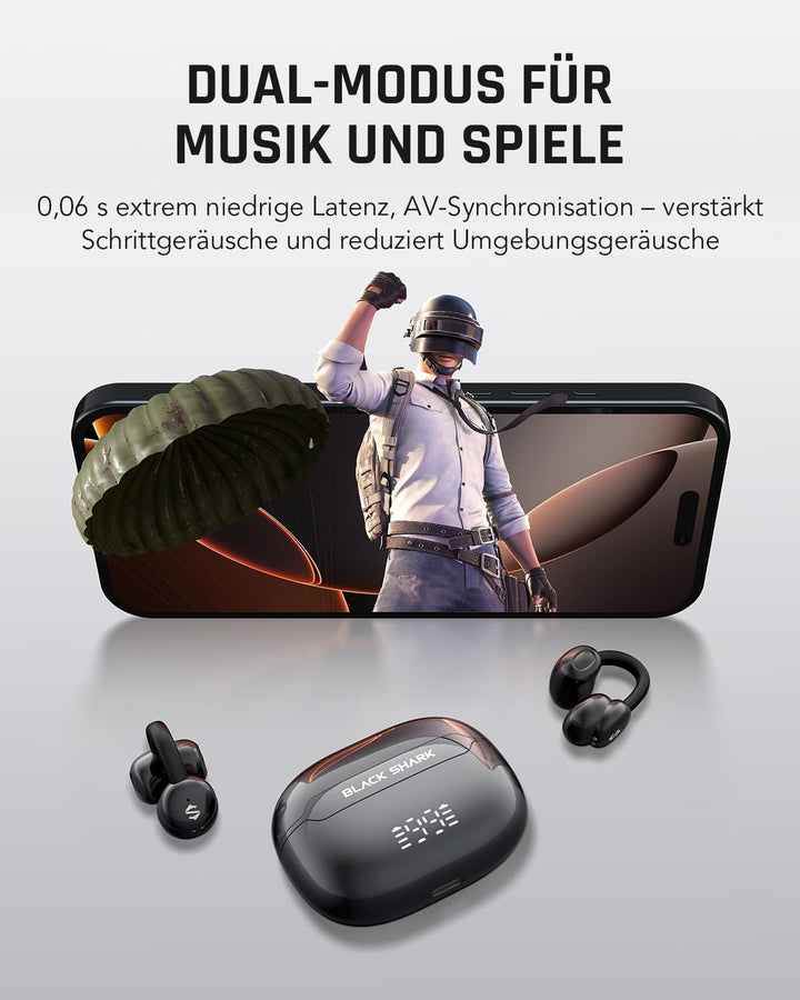 Black Shark T19 Open Ear Kopfhörer Kabellos Bluetooth Clip On Ohrhörer, 5g Leicht komfortabel, Adapt
