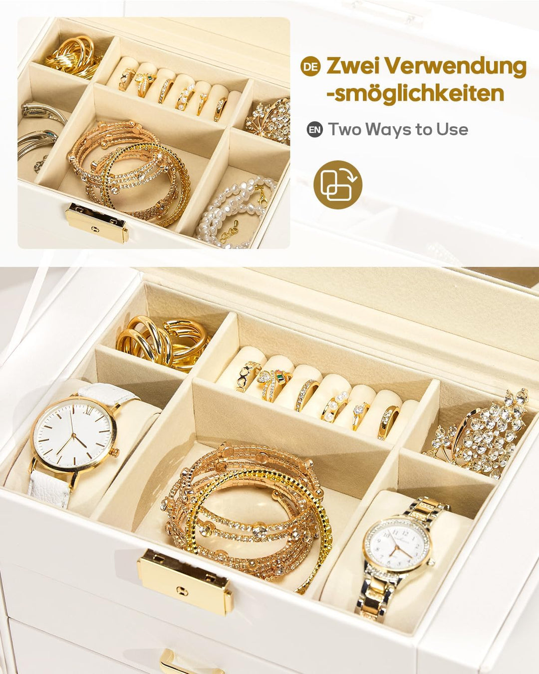Seelux Schmuckkoffer Schmuckkasten mit fünf Fächern und Seitenklappen Weiss + Gold, Weiss + Gold