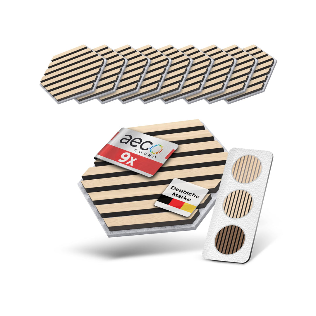 Akustikpaneele Holz selbstklebend – 9er-Set | Echtholz Eiche & Akustikfilz Grau | Hexagon 30x26cm –