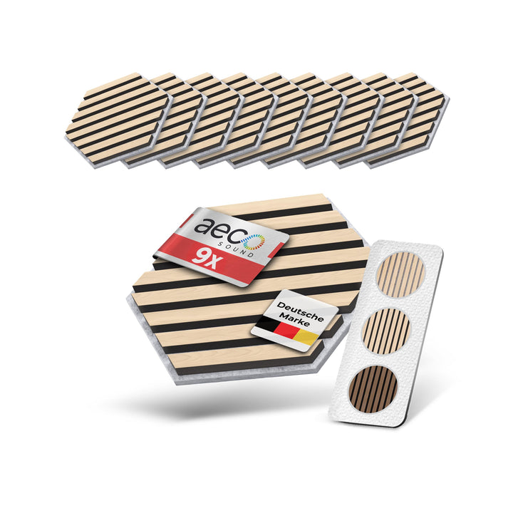 Akustikpaneele Holz selbstklebend – 9er-Set | Echtholz Eiche & Akustikfilz Grau | Hexagon 30x26cm –