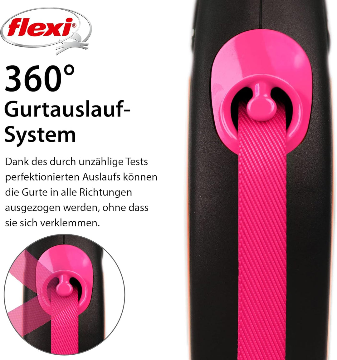 flexi® Neon M Gurt 5 m schwarz, neon-Pinker Gurt, reflektierende Seitenfläche, Roll-Leine für Hunde