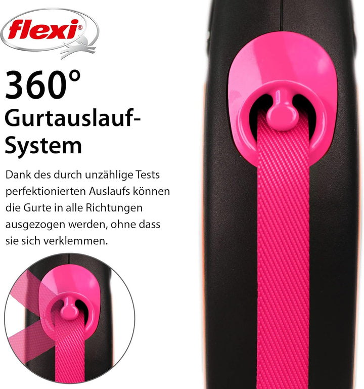 flexi® Neon M Gurt 5 m schwarz, neon-Pinker Gurt, reflektierende Seitenfläche, Roll-Leine für Hunde