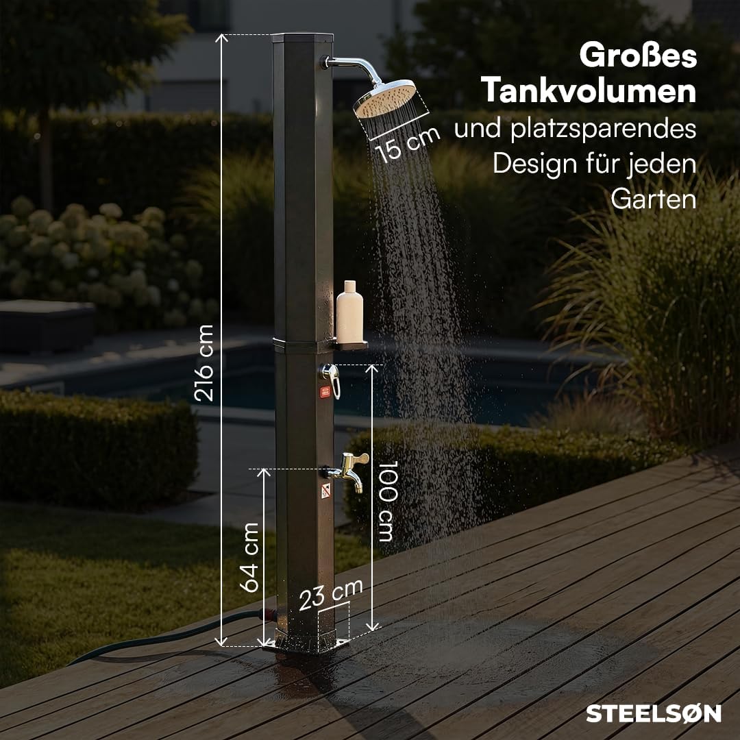 STEELSØN Xypher Solardusche 60 L ohne Bodenplatte – Gartendusche bis 60° C – Pooldusche ohne Stroman