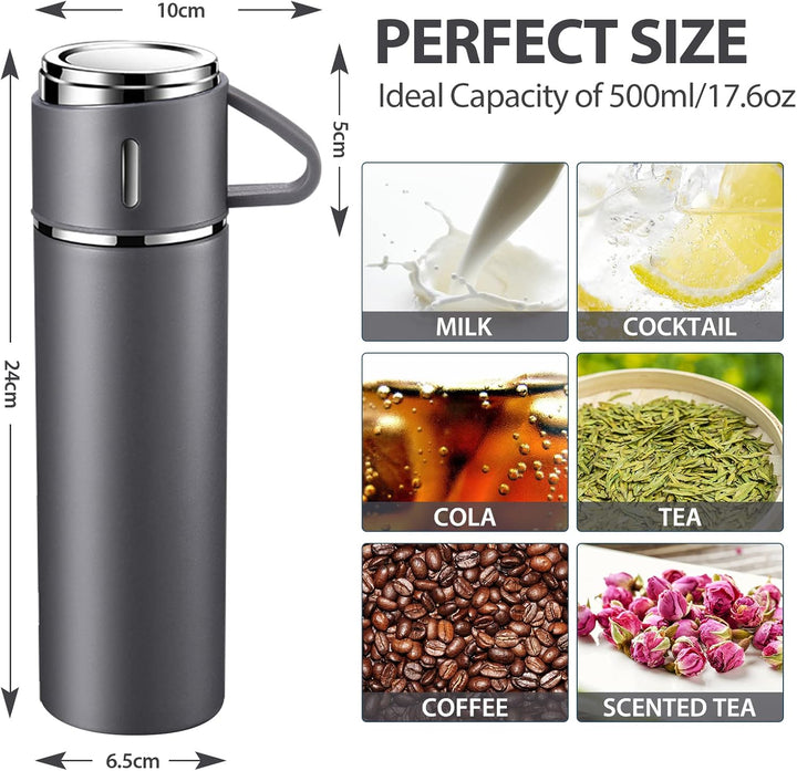 Thermosflasche 500ml mit Becher und Griff, Trinkflasche Edelstahl, Auslaufsichere Isolierflasche für