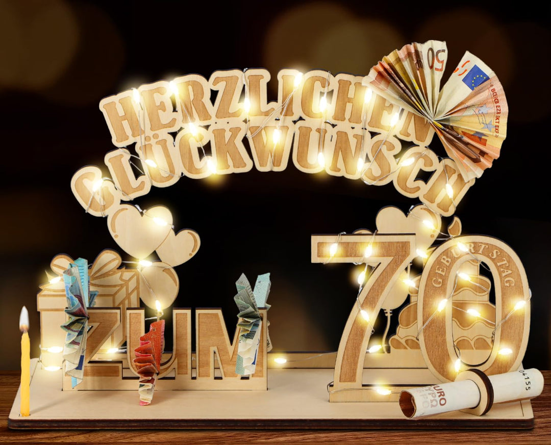Giftota Original 70. Geburtstag Geldgeschenke Holz mit LED Lichterkette, Geschenke zum 70 Geburtstag
