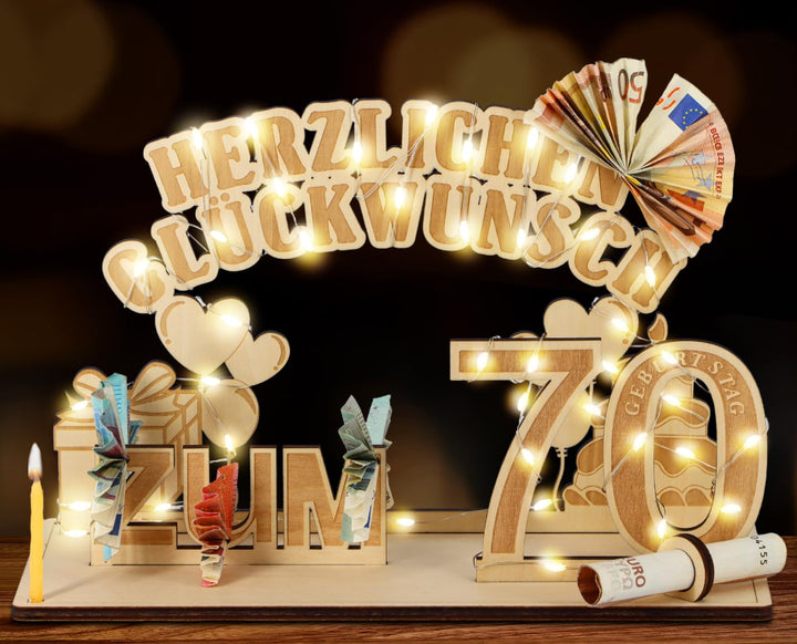 Giftota Original 70. Geburtstag Geldgeschenke Holz mit LED Lichterkette, Geschenke zum 70 Geburtstag