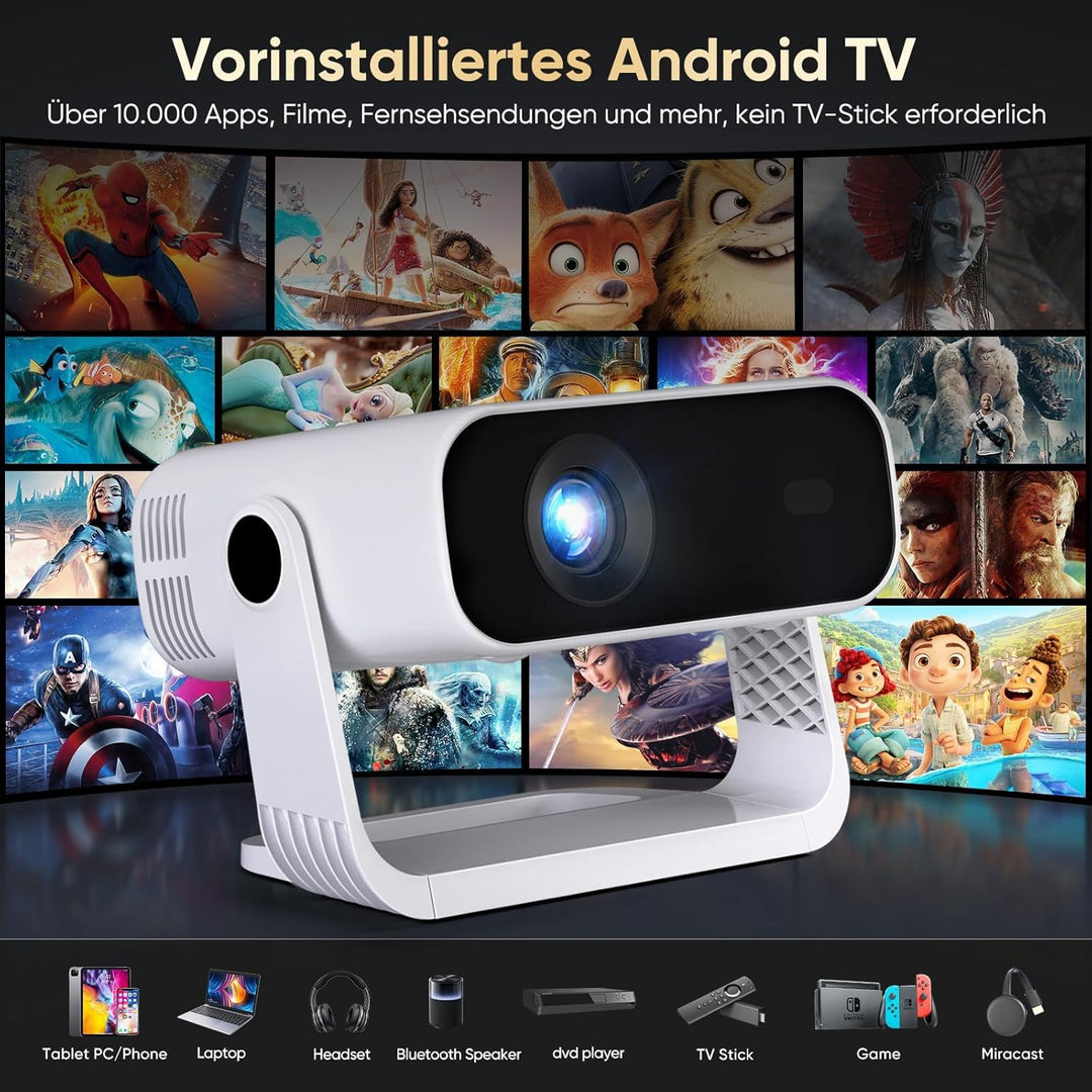 Smart Mini-Beamer, 1080p mit 4K-Unterstützung, mit automatischer Trapezkorrektur, Wi-Fi 6 und Blueto